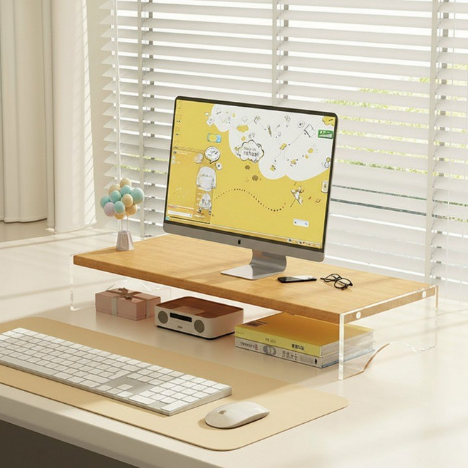 더플로우커머스 감성 우드 투명 아크릴 데스크탑 수납 랙 1단 모니터 거치대