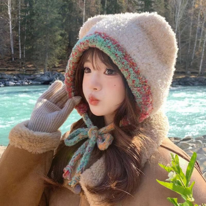 파라주니 동글 곰돌이 에스닉 무드 귀달이 아웃도어 방한 모자 HJ0950, 아이보리, 1개