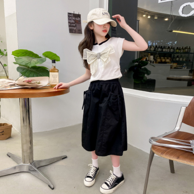 오렌지다몸 여아용 언발넥 리본 반팔티 7부 통 바지세트