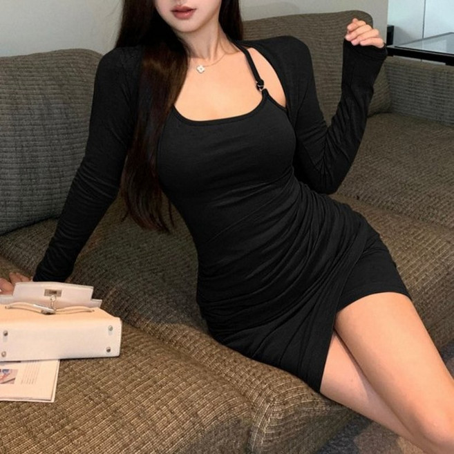 I'M MONG 女款Yorani短版罩衫繞頸長袖抓皺裹身迷你連身裙, 黑色