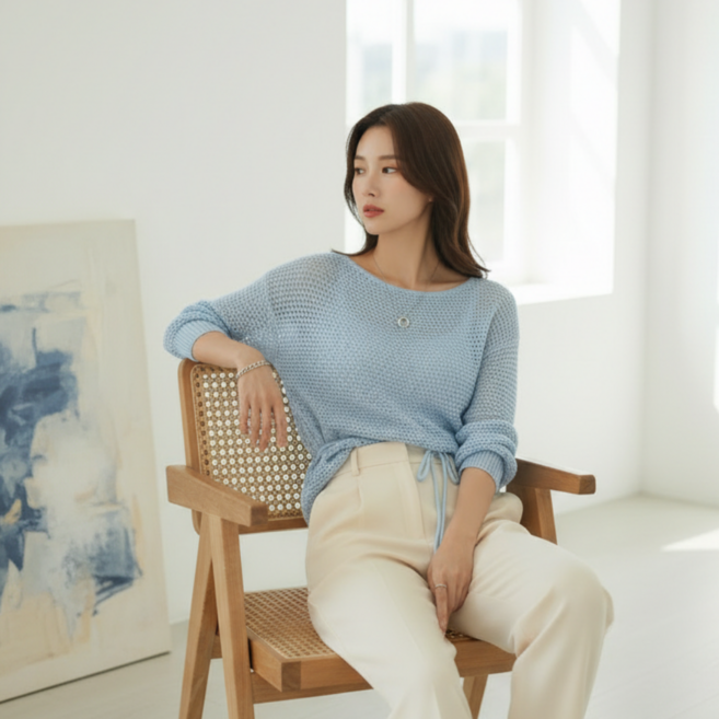 구디프 여성용 허리스트랩 루즈핏 라운드넥 성글짜임 긴팔 니트