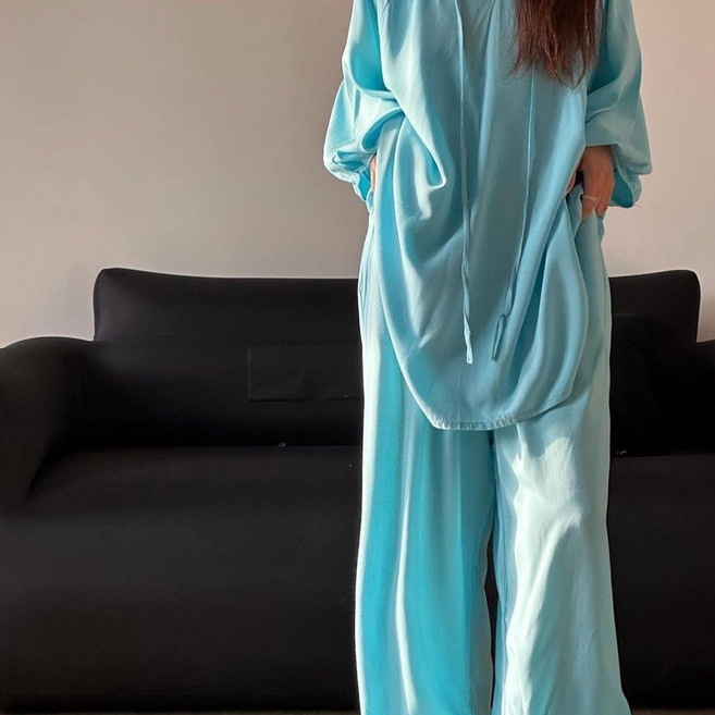 Elsso 女款V領氣球泡泡袖寬鬆版睡衣上下套裝