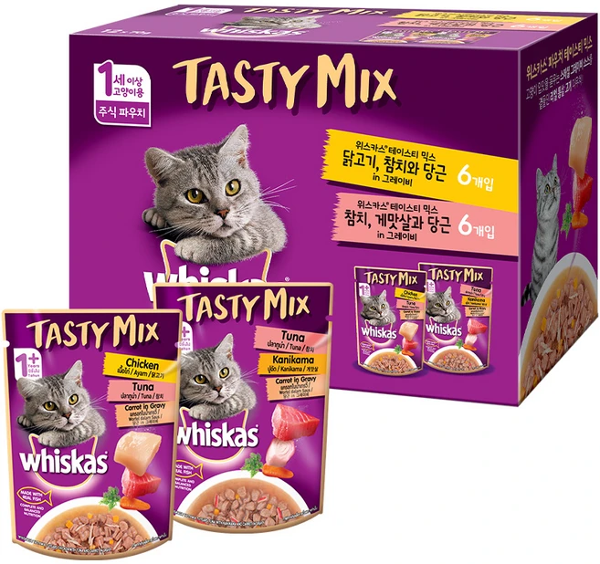 위스카스 1세 이상 고양이 테이스티믹스 베스트 믹스 습식사료 닭고기 참치와 당근 in 그레이비 + 참치 게맛살과 당근 in 그레이비, 닭, 70g, 12개 - 쿠팡