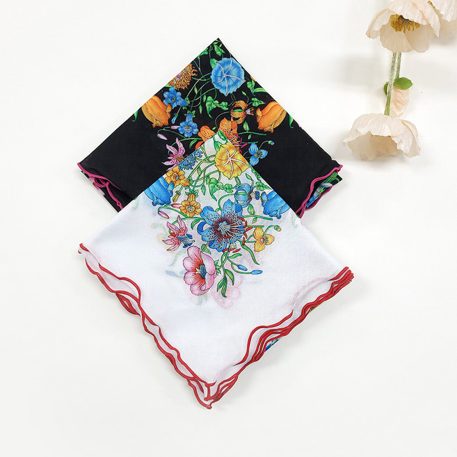 marienne 女性用 花卉圖案 蕾絲波浪邊 手帕 2件組