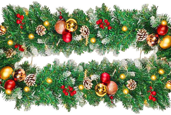 MODACore 摩達客 聖誕裝飾樹藤條 + LED100燈串, 刷白松果紅果 + 優雅紅繽金電鍍球, 1個