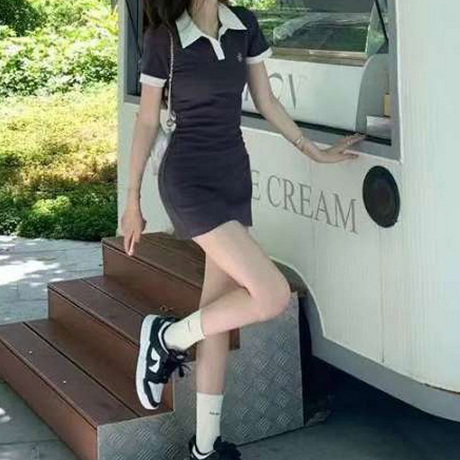 더시럽 여성용 깔끔 베이직 슬림 폴로 미니 원피스