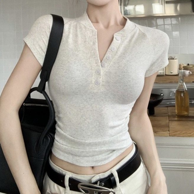 아이엠몽 여성용 슬림핏 헨리넥 크롭 골지 반팔 티셔츠 R6H001