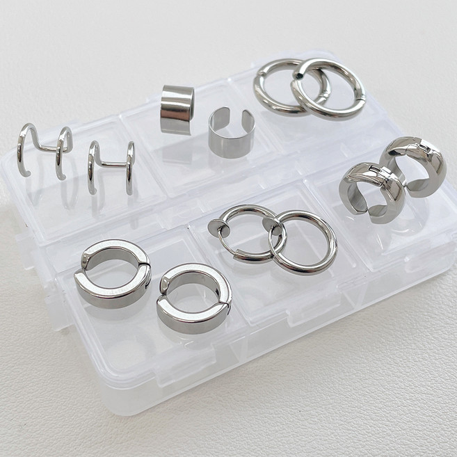 gelluna 女性用全醫療鋼免耳洞基本簡約粗款扁平圓形耳骨夾耳夾 6款 x 2入 + 6格收納盒套組 P-978