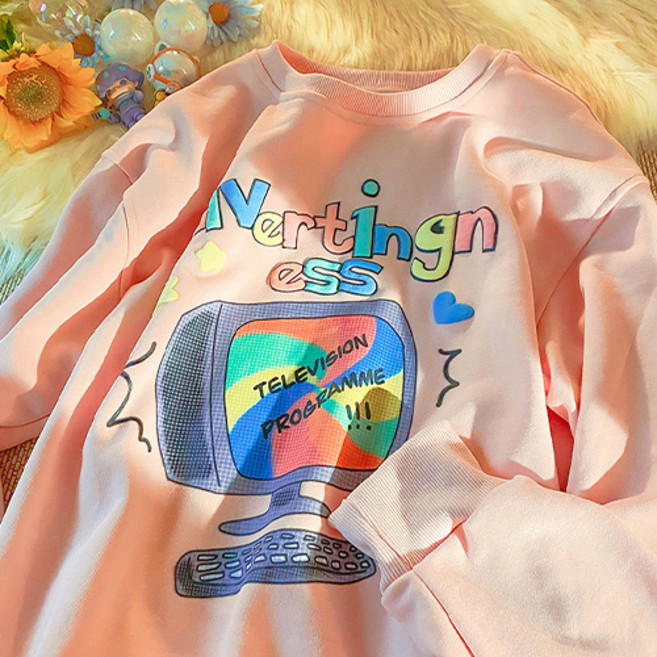 컬러풀 컴퓨터 카툰 드로잉 임산부 루즈핏 맨투맨