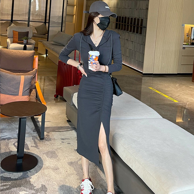 여성용 구디프 브이넥 트임 롱 니트 원피스