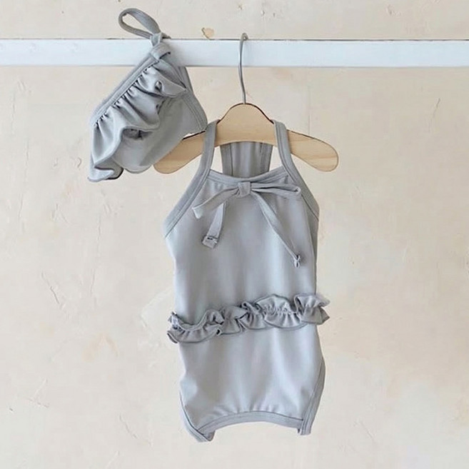 웨이비데이즈 반려동물 바캉스 심플 프릴 수영복 + 모자 세트 W265-0161GRXL, 그레이, 1세트