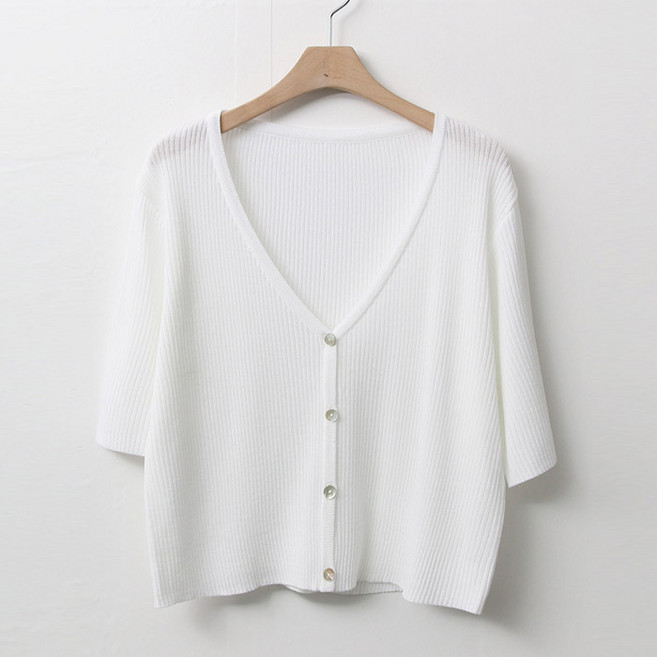 여성용 로링 골지 반팔 가디건