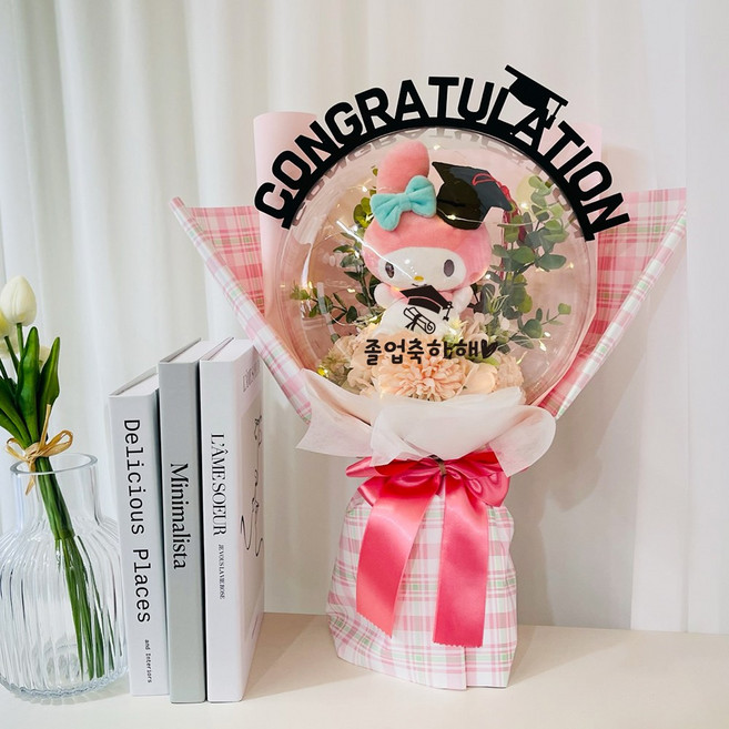 러블리팜 조화 사랑스러운 산리오 졸업 매직벌룬 꽃다발 + 레터링 토퍼 + LED조명 세트, 마이멜로디, 1개