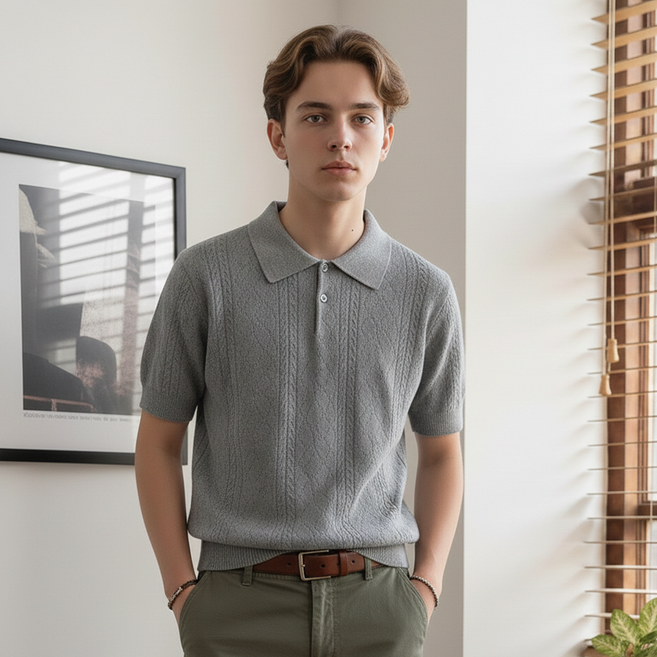 인피어스 남성용 자카드 얇은 반팔 니트 I263-89