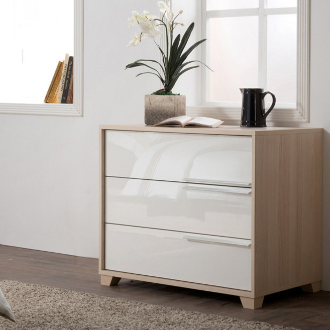 리바트 퓨어 서랍장 방문설치, 그로시화이트 + 라이트우드, 3단