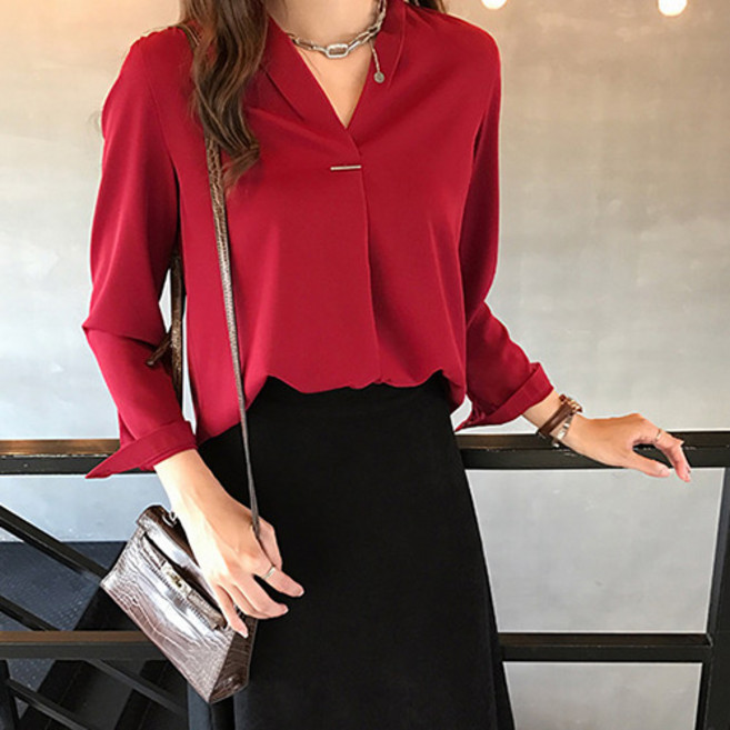 파라다이소 여성용 풀오버 메탈 포인트 브이넥 블라우스