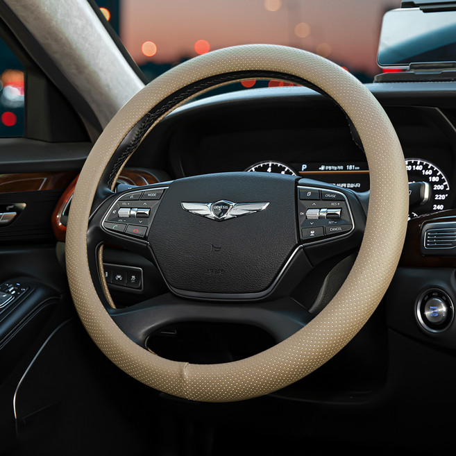 대한오토모빌 얇은 핸들커버 가죽 미끄럼방지 밀착 그립 초 슬림 우레탄 타공 차량용 커버, 오트베이지