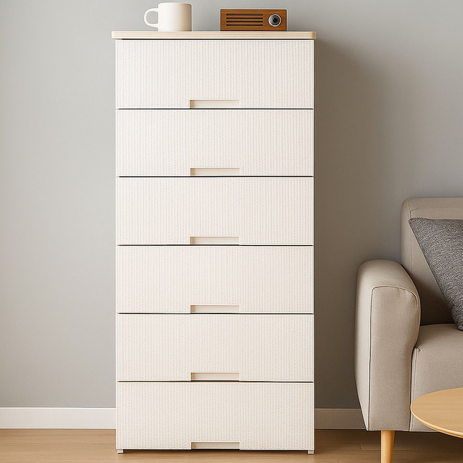 보노하우스 라탄 우드상판 서랍장 6단, 크림, 1개