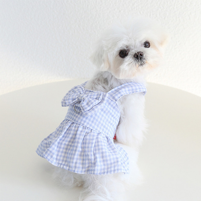칠시 반려동물 체크 리본 원피스, 연보라, 1개