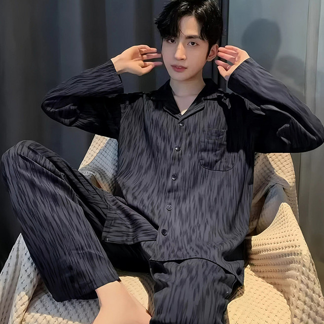 Elsso 男士高級棉質日常睡衣長袖上衣+長褲套組