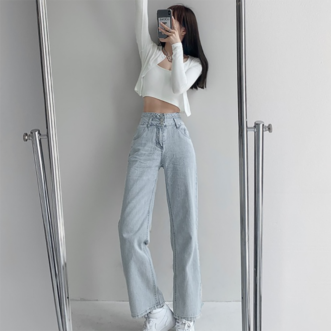 피어니스트 여성용 하이웨스트 루즈 와이드 청바지