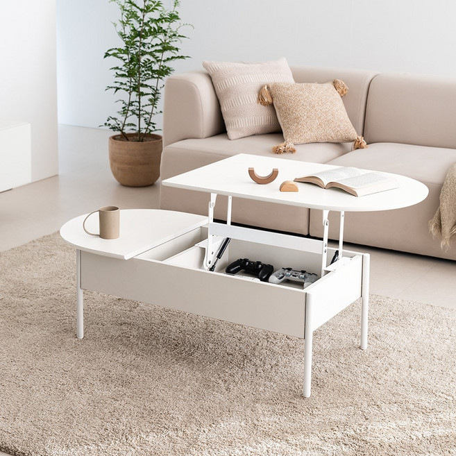 레이디가구 폰드 리프트업 원형 거실테이블 1200, 크림 화이트