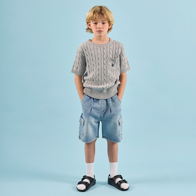 비버리힐스폴로클럽 주니어 모던 포켓 니트 제이드 데님 5부 상하의 세트