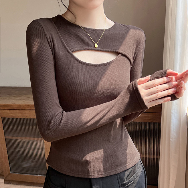 언헤브 여성용 라운드넥 섹시 트임 긴팔 티셔츠