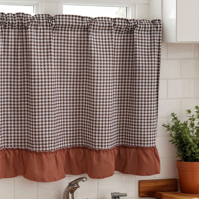 韓國 GNY 格紋圖案棕色荷葉邊遮光短窗簾