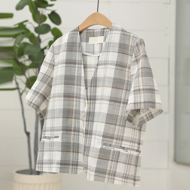 빼빼 여성용 린넨혼방 5버튼 싱글 반팔 자켓