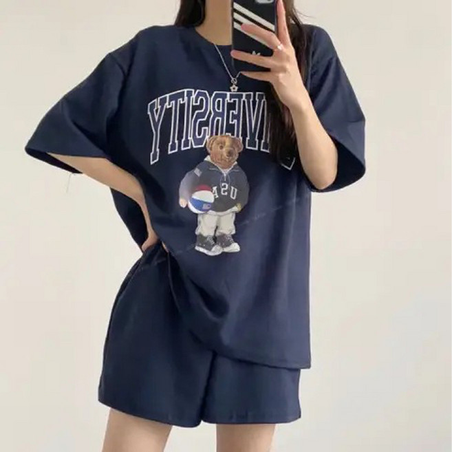 Goodif 女款大學風休閒基本款短袖+短褲套裝