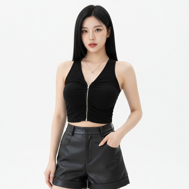MARKETPIA 女款抓皺修身V領拉鍊短版無袖上衣