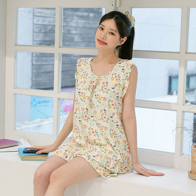 GLAM GONGGAM 女款人造絲星星背心荷葉邊兩件式睡衣上下套裝