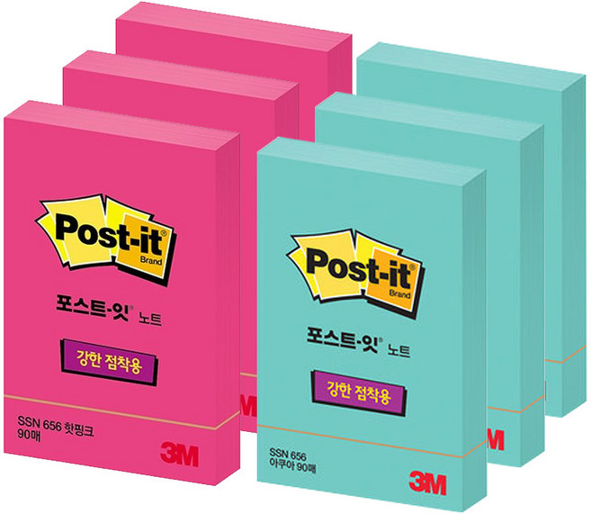 포스트잇 강한 점착용 노트 접착메모지 656 2종 x 3p 세트, 핫핑크 + 아쿠아, 1세트