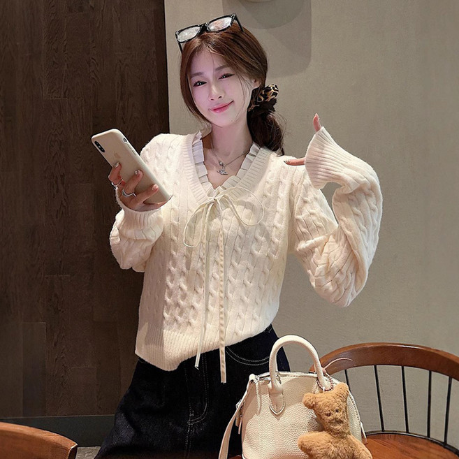 PEONIST 女款可愛感性蝴蝶結蕾絲麻花針織衫