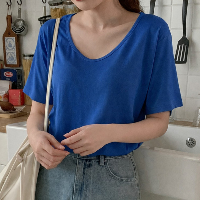 라라온 여성용 기본 스판 브이넥 반팔 티셔츠 26TSP3804