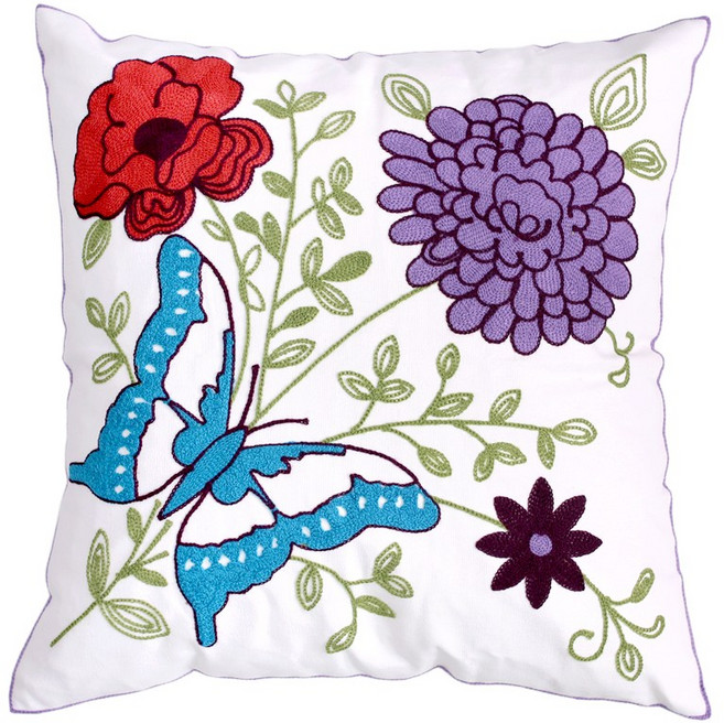 해피툴 꽃과 파랑나비 자수 쿠션커버 + 솜, 블루퍼플