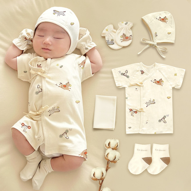 韓國 ikii 新生兒用有機馬年紗布短袖5件組