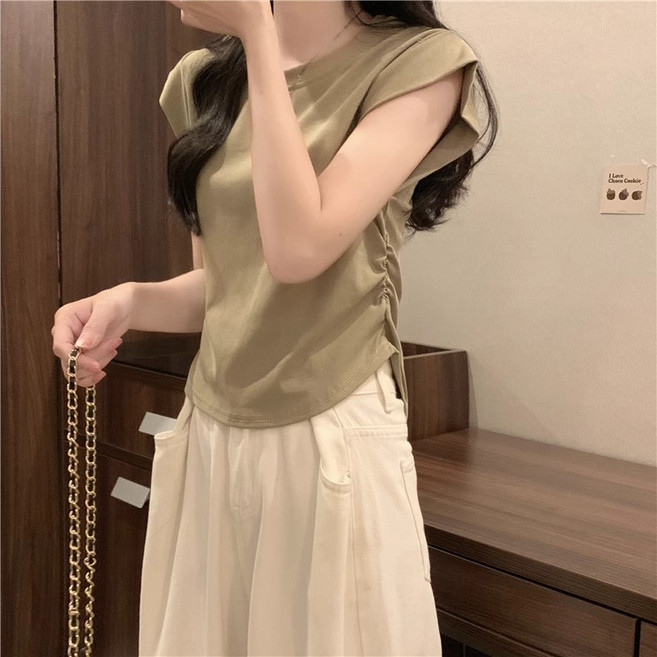 라라티나 여성용 미젠 라운드넥 세미크롭 셔링 티셔츠