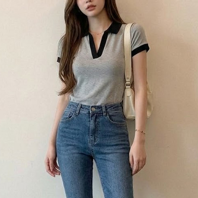 알로데 여성용 배색 카라 브이넥 반팔티
