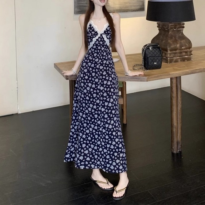 아이엠몽 여성용 슬림핏 브이넥 레이스 배색 플라워 패턴 슬리브리스 롱 원피스 R6H161