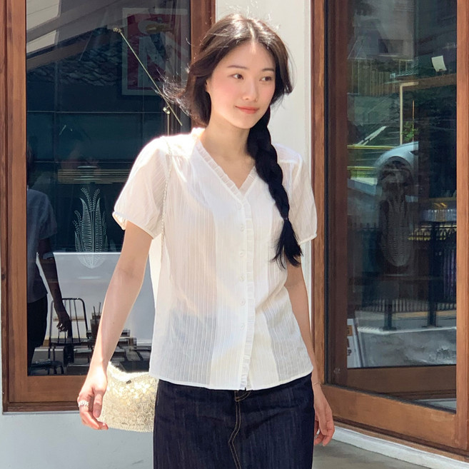 로엠 여성용 브이넥 프릴 면 블라우스