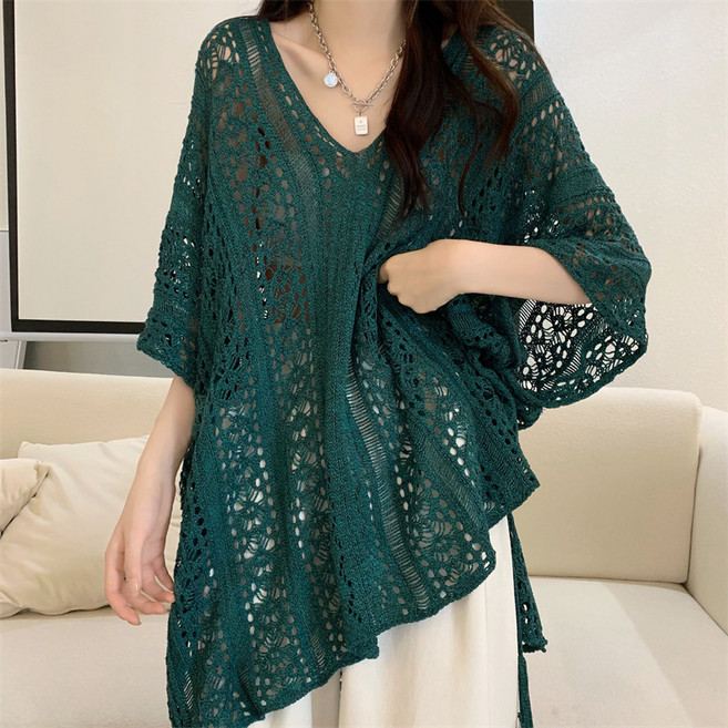 라라티나 여성용 하델리 브이넥 가오리핏 펀칭 휴양지 바캉스 시스루 반팔, 그린