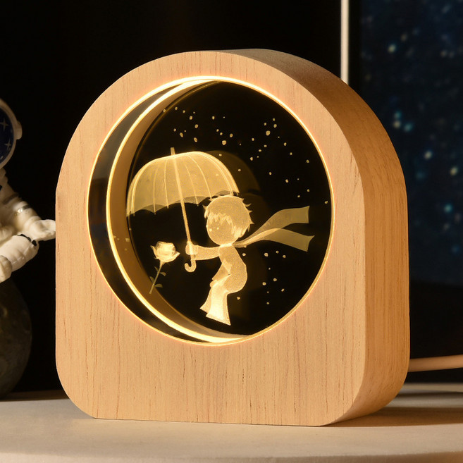 연하 크리스탈 원형 우드 프레임 LED 무드등+선물포장, 어린왕자