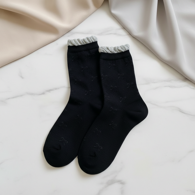 마켓피아 여성용 봄 여름 나비리본 패턴 프릴 삭스 3켤레