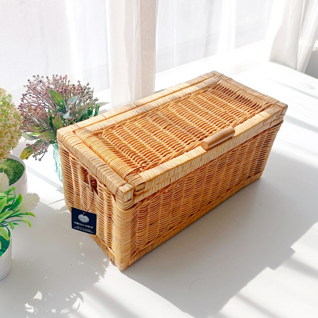 메종인다라탄샵 고급 등나무 직사각 뚜껑 라탄바구니 N020N, 베이지, 1개