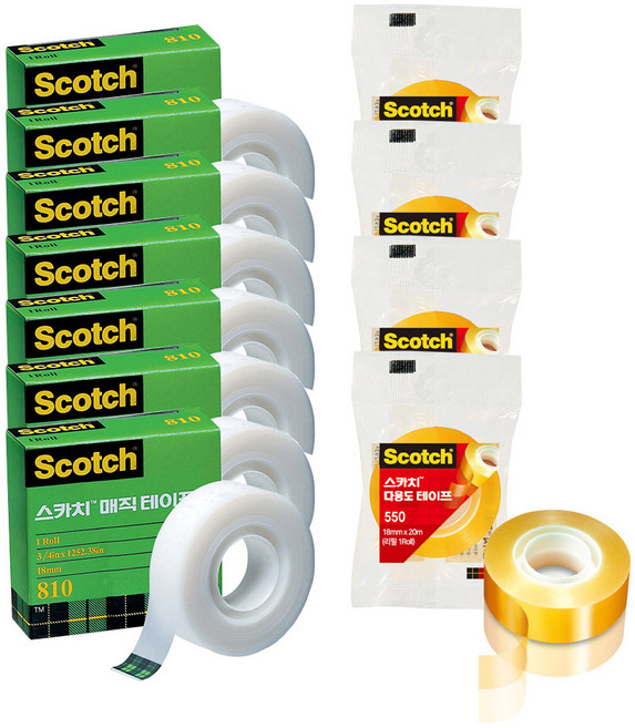 3M Scotch 神奇膠帶 810 補充包 12mm x 18m 7入 + 多用途膠帶 550 補充包 18mm x 20m 4入, 混合色, 1套
