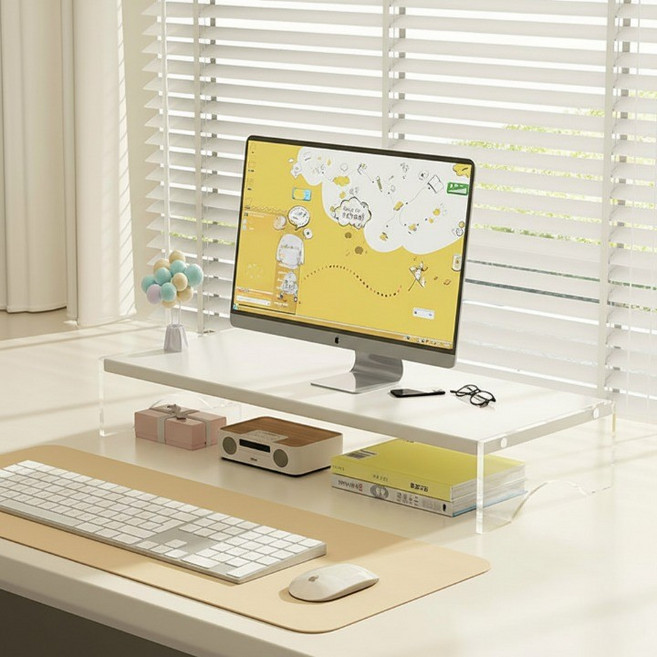 더플로우커머스 감성 우드 투명 아크릴 데스크탑 수납 랙 1단 모니터 거치대, 화이트