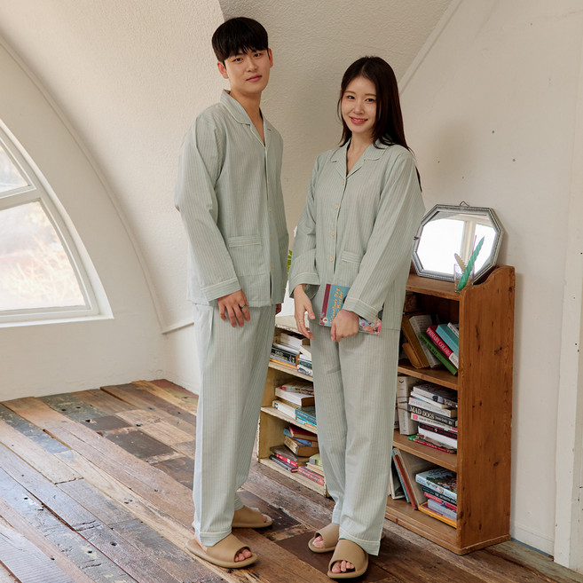 찌니야 커플용 통기성 베인 40수 순면 긴팔 상하의 세트 1135