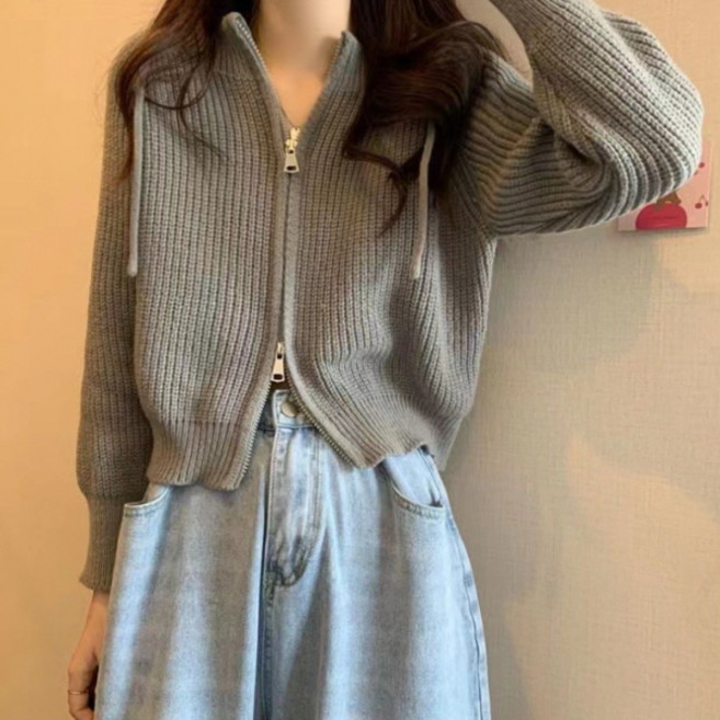 PEONIST 女款針織連帽雙向拉鍊開襟衫